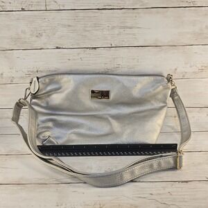 Remi & Reid Silver Metallic Pebbled Vegan Leather Crossbody Bag Gold Hardware